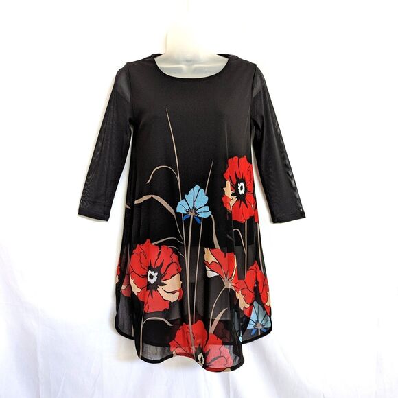 Alfani Black Floral Mesh Tunic Top Size PP 2Petite 3/4 Sleeves Boho Artsy Poppy - Picture 2 of 11